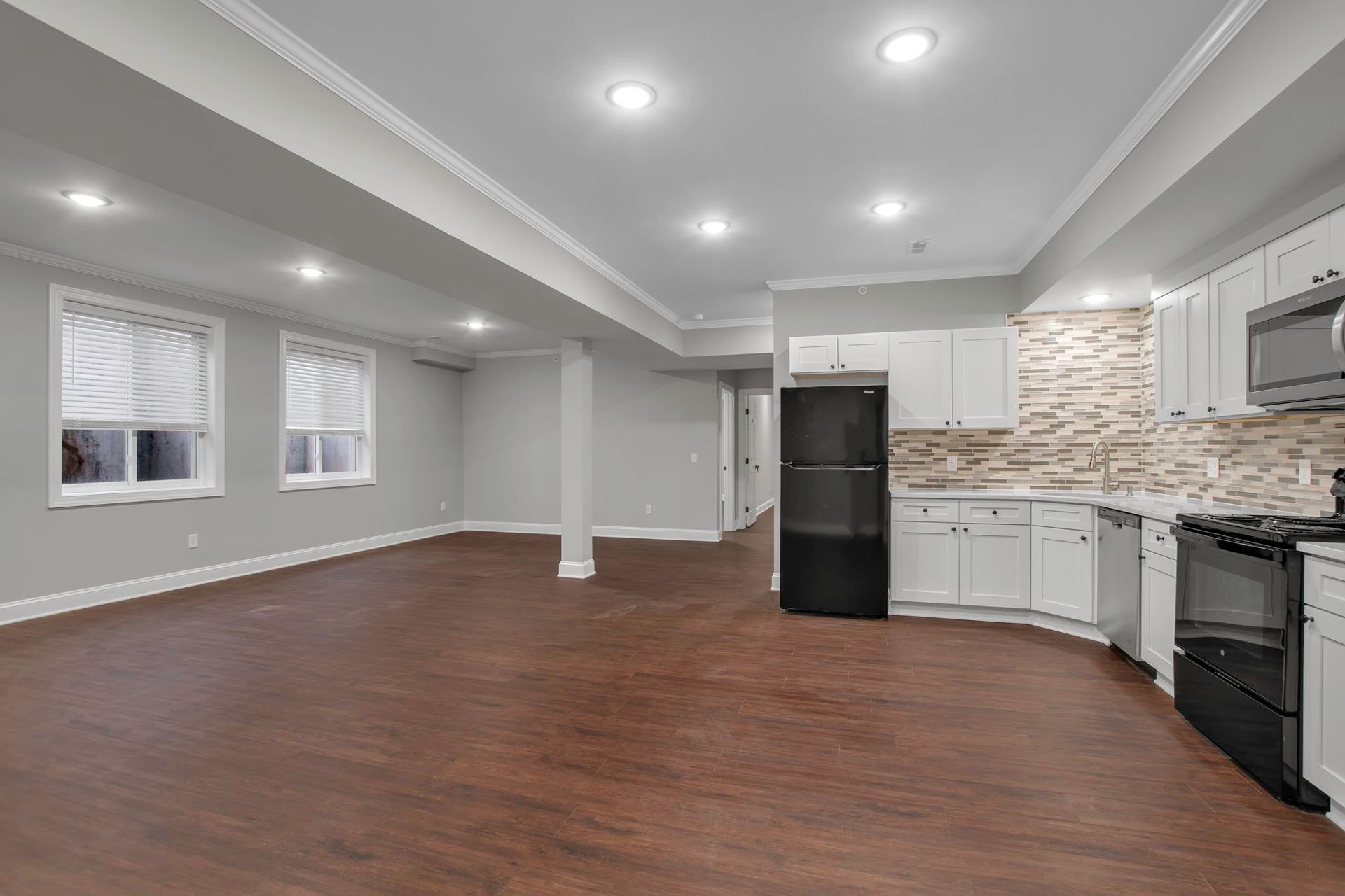 Living room interior with contemporary trim and open layout