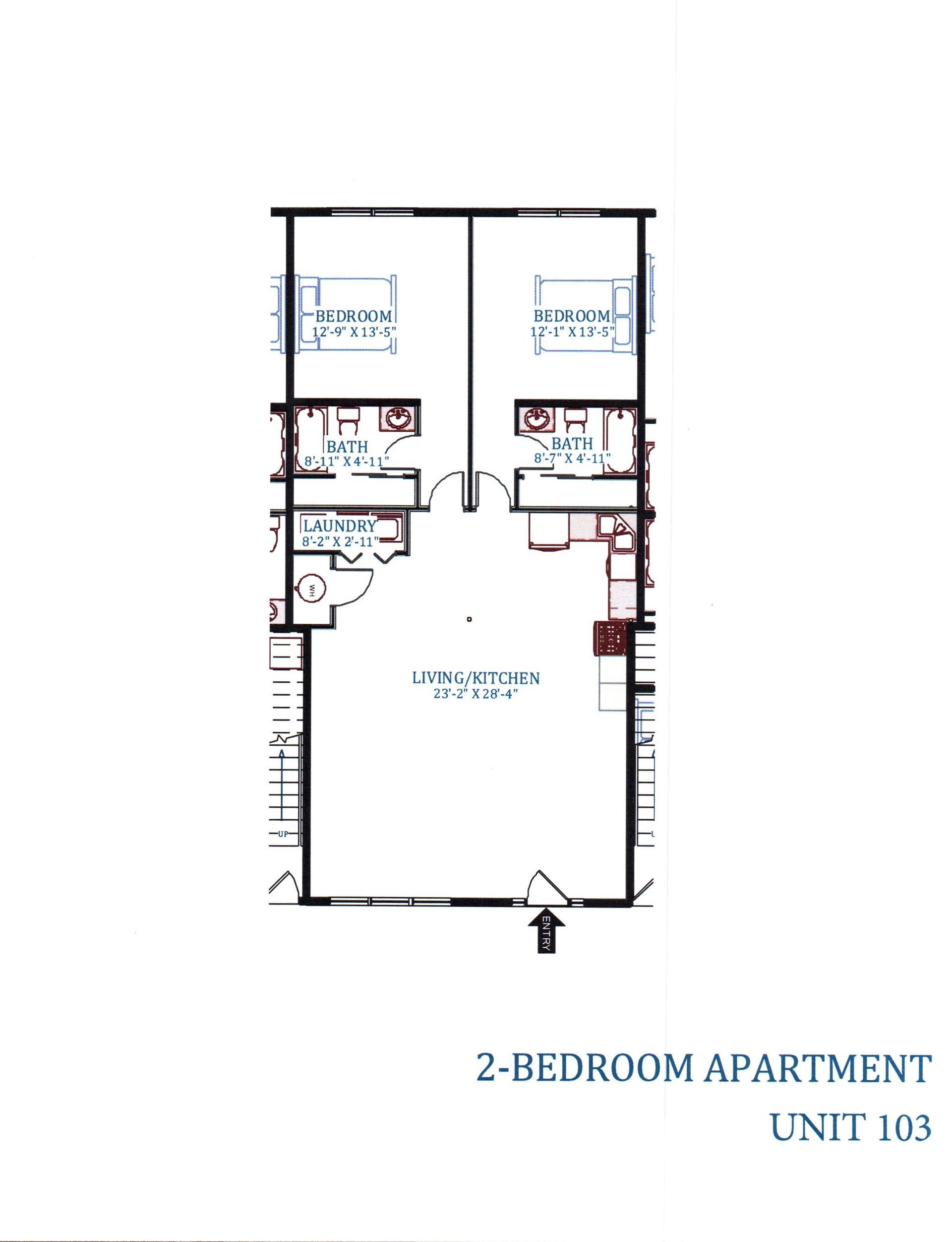 2-bed 2-bath layout of Amhest Apartment.