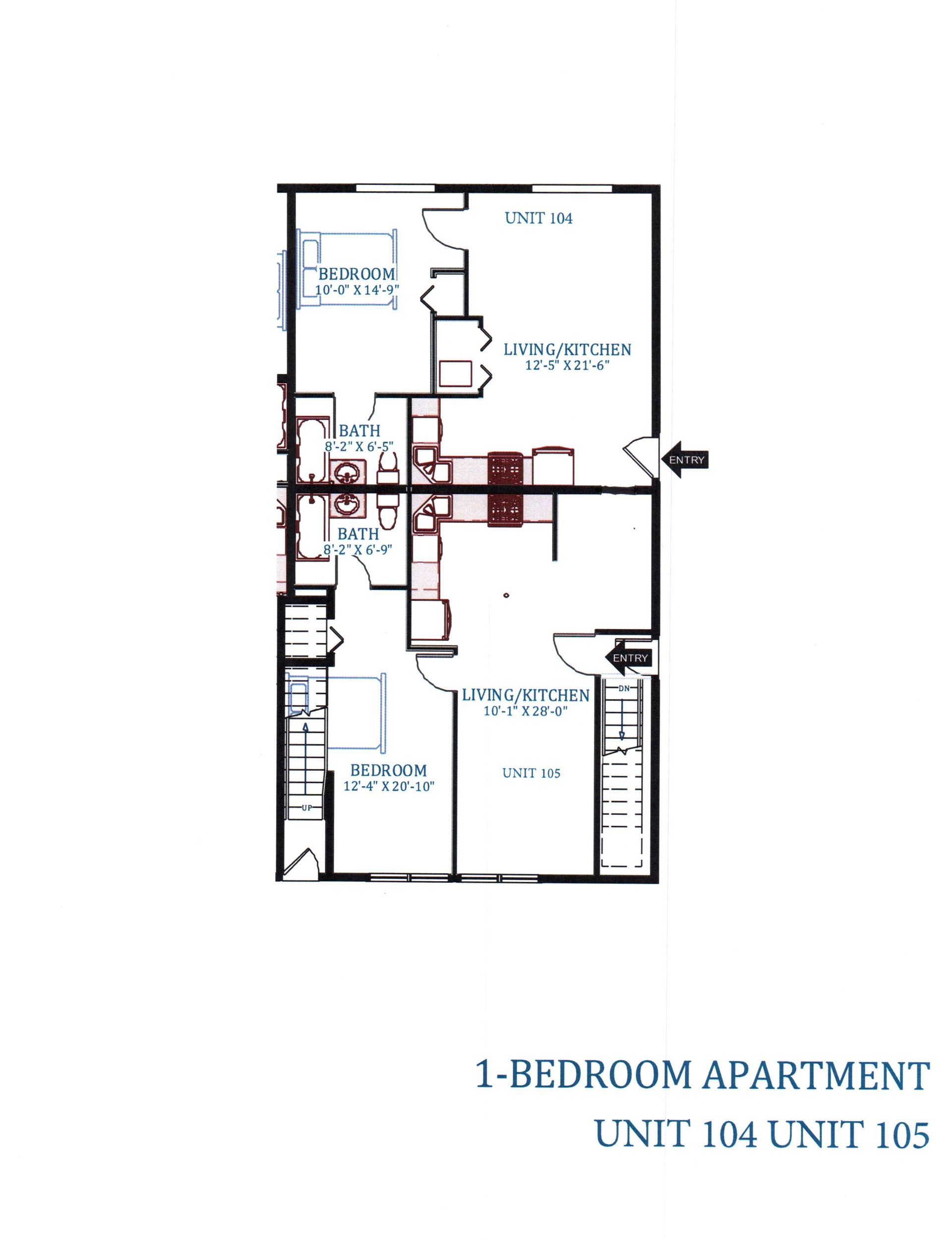 1 bed 1 bath apartment layout.