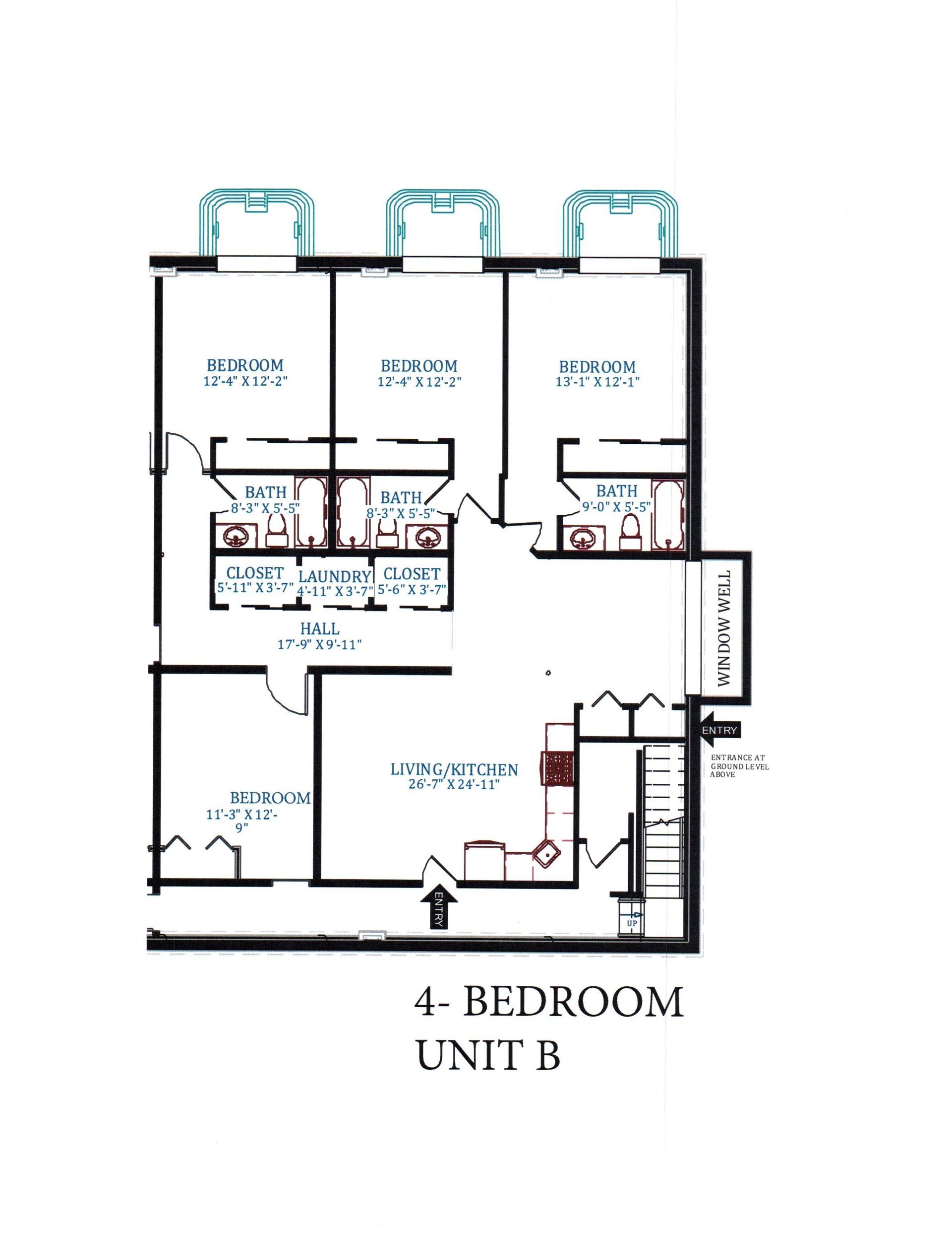 Building plans for a 4-bed 3-bath apartment .