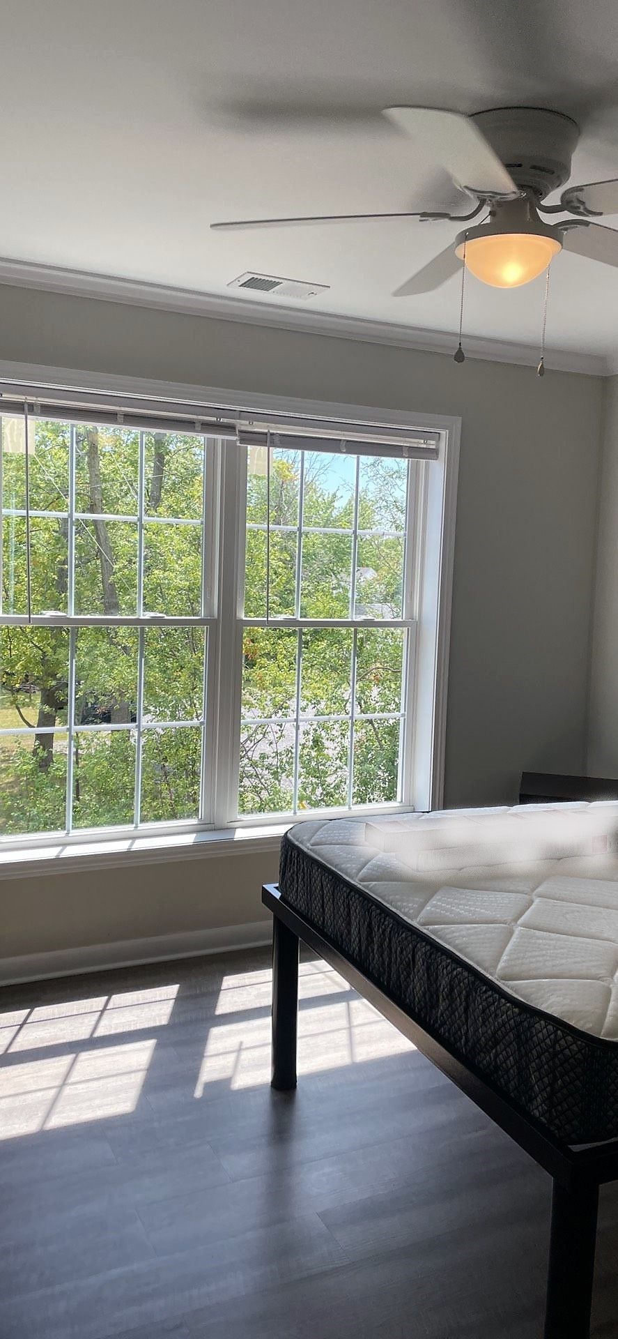 A bedroom with a bed and a ceiling fan.