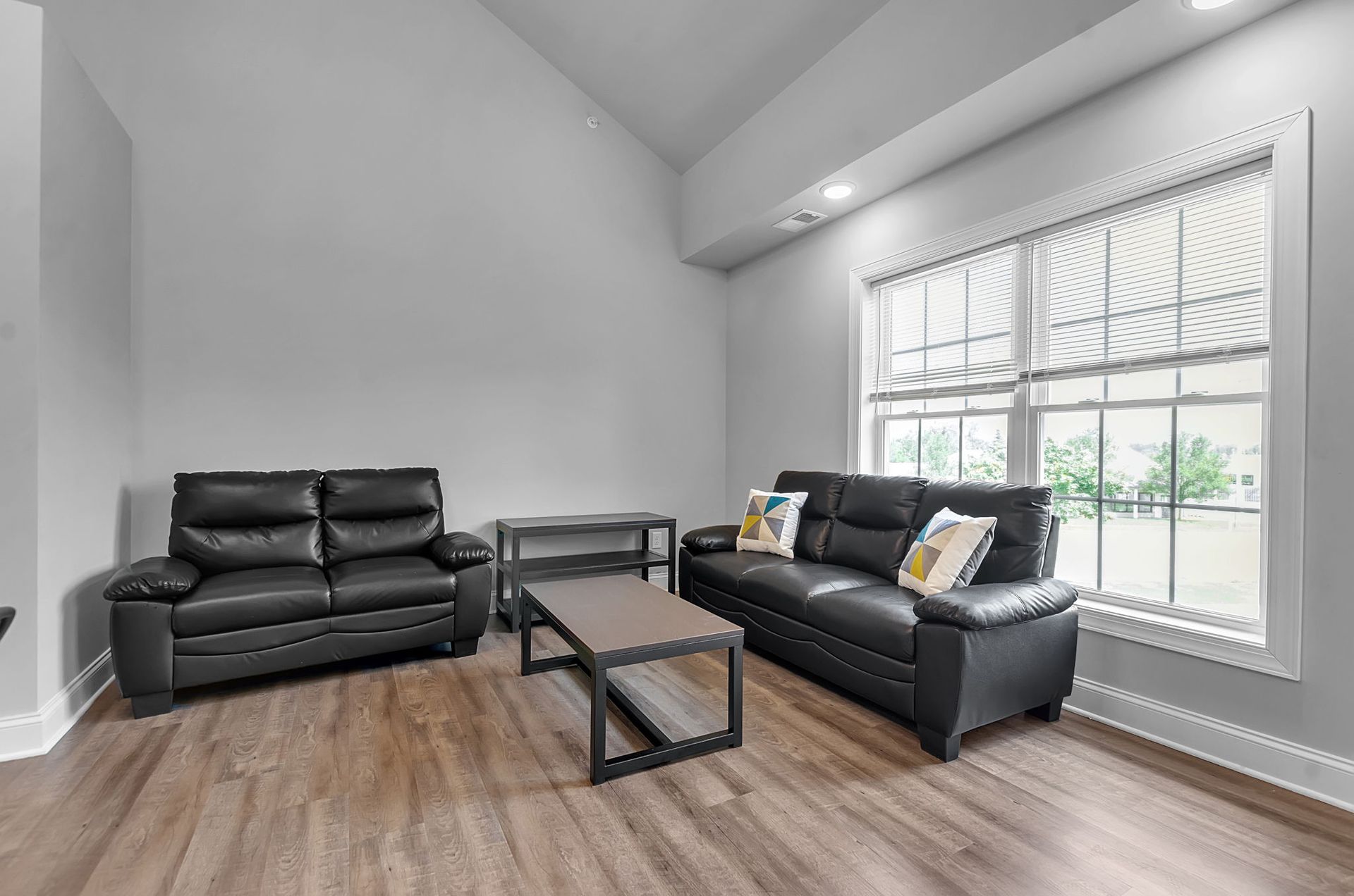 A living room with two couches and a coffee table.