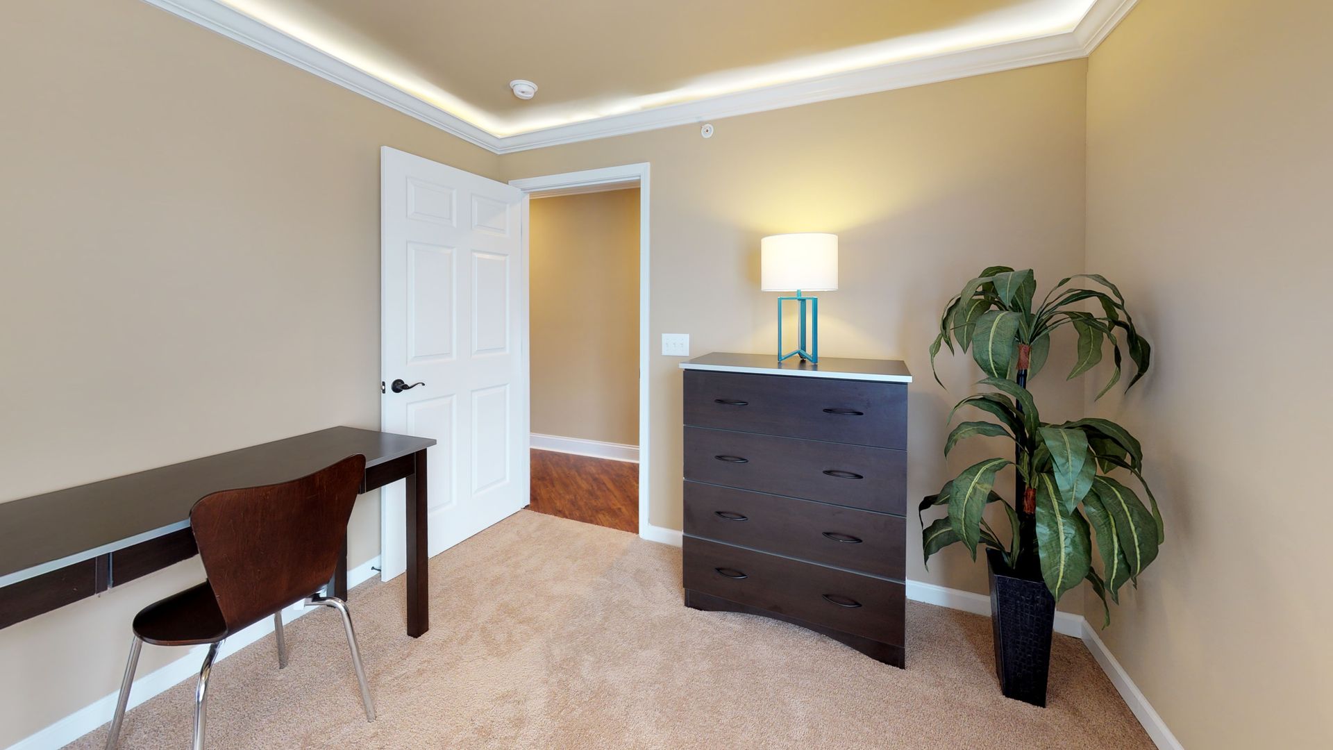A bedroom with a desk , chair , dresser and plant.