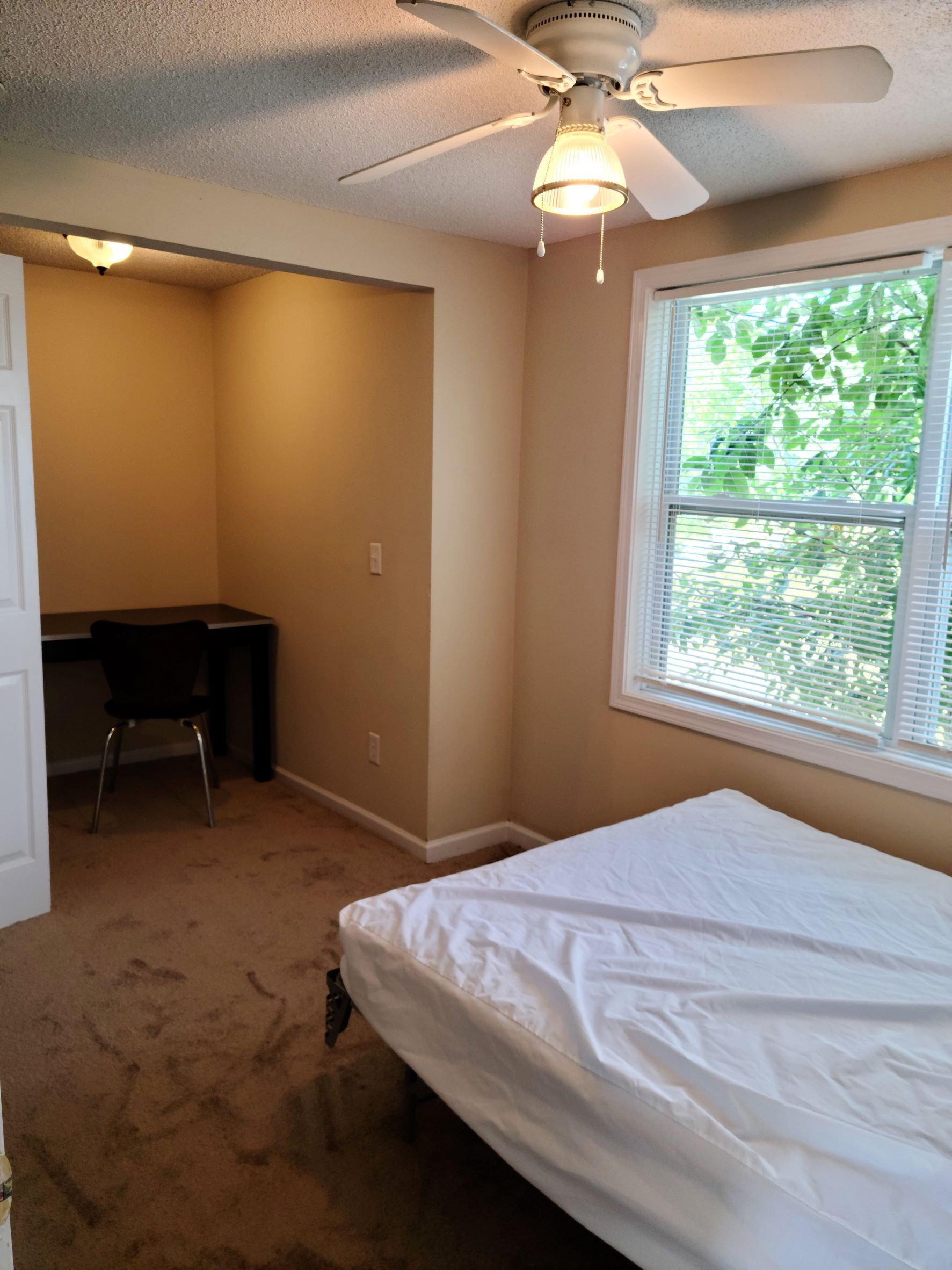 A bedroom with a bed and a ceiling fan