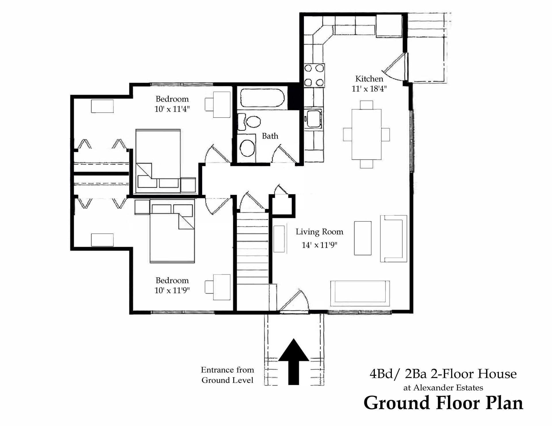 A black and white floor plan of a house with an arrow pointing to the right.