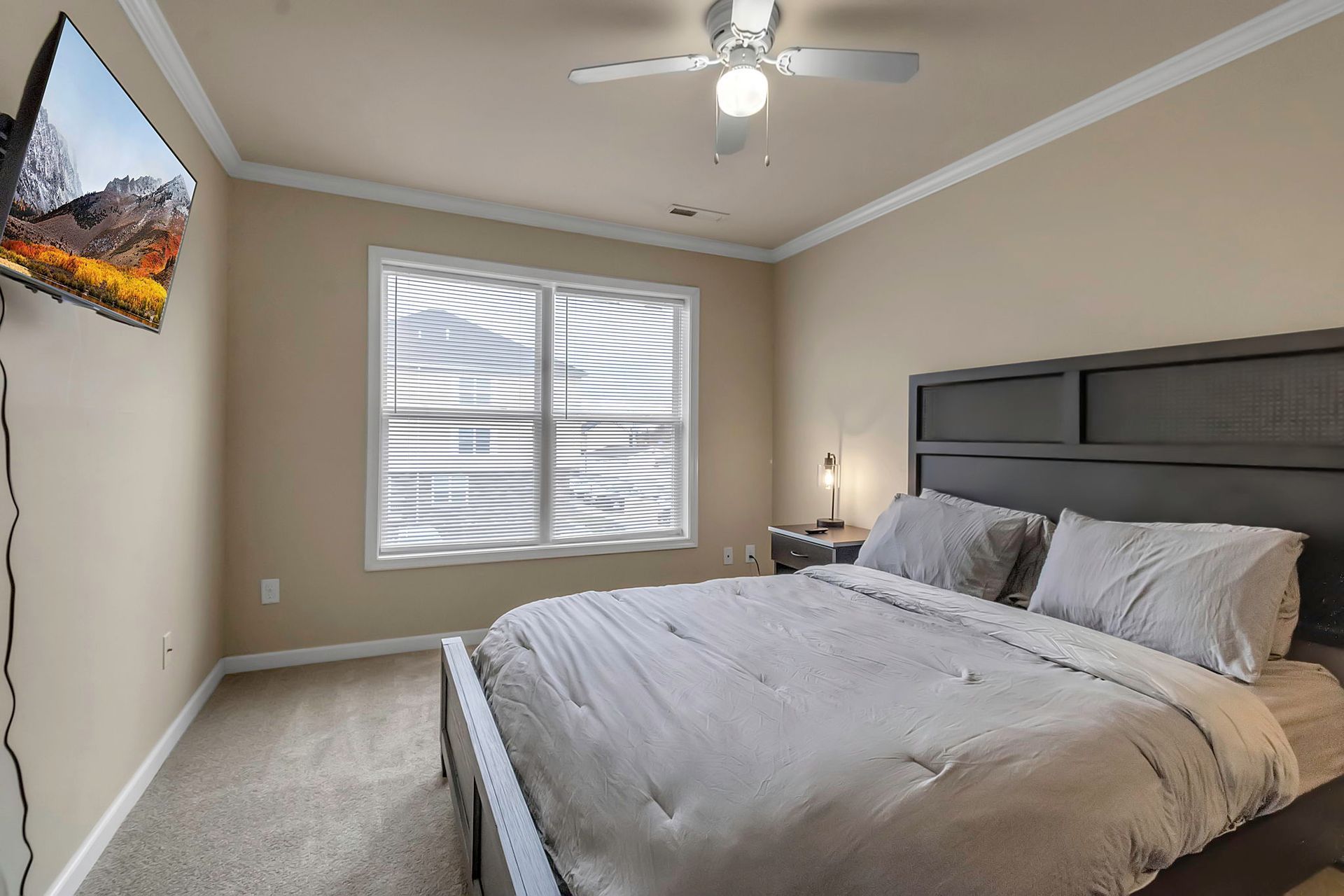 A bedroom with a king size bed and a flat screen tv