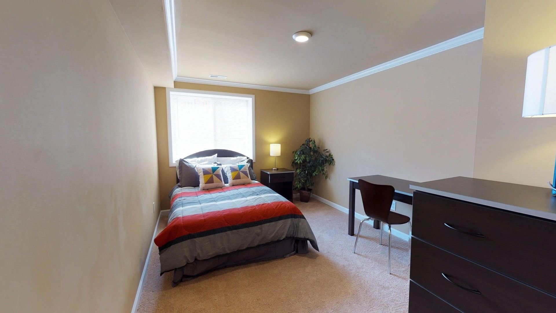 A bedroom with a bed , desk , chair and dresser.