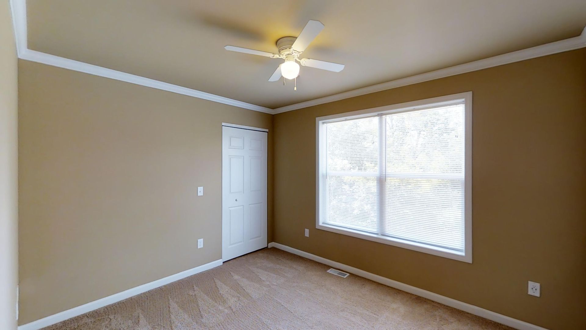 An empty bedroom with a ceiling fan and two windows.