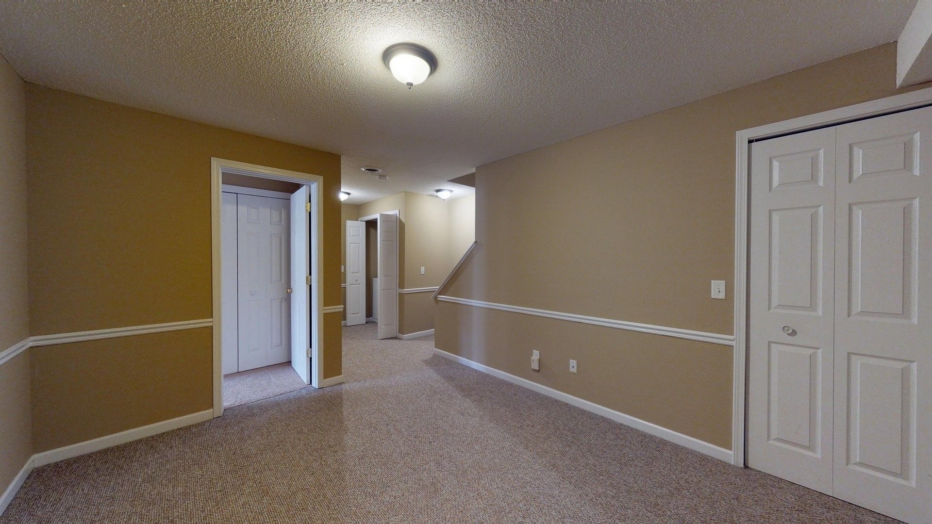 An empty basement with a carpeted floor and brown walls.