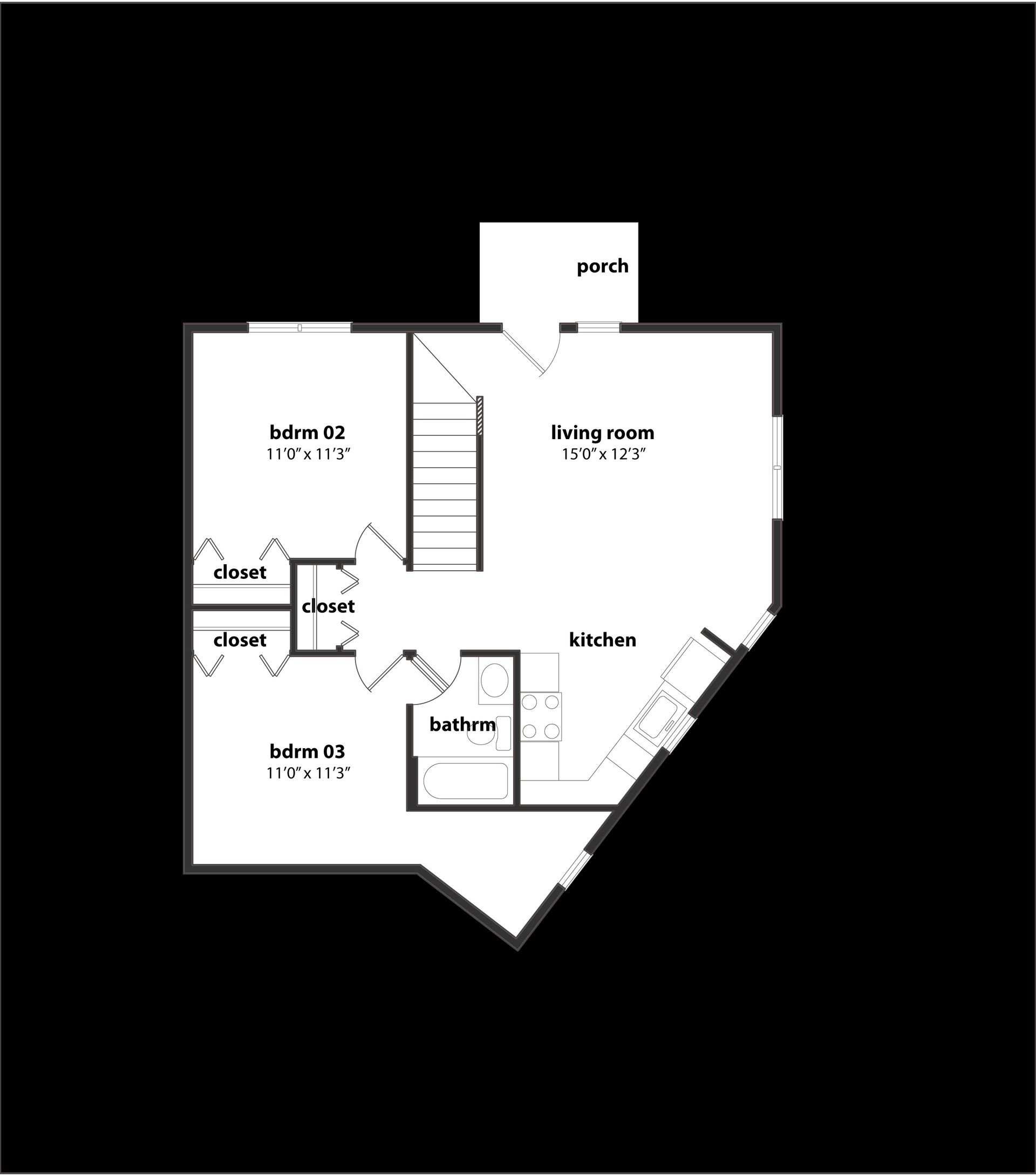 A black and white floor plan of a house on a black background.