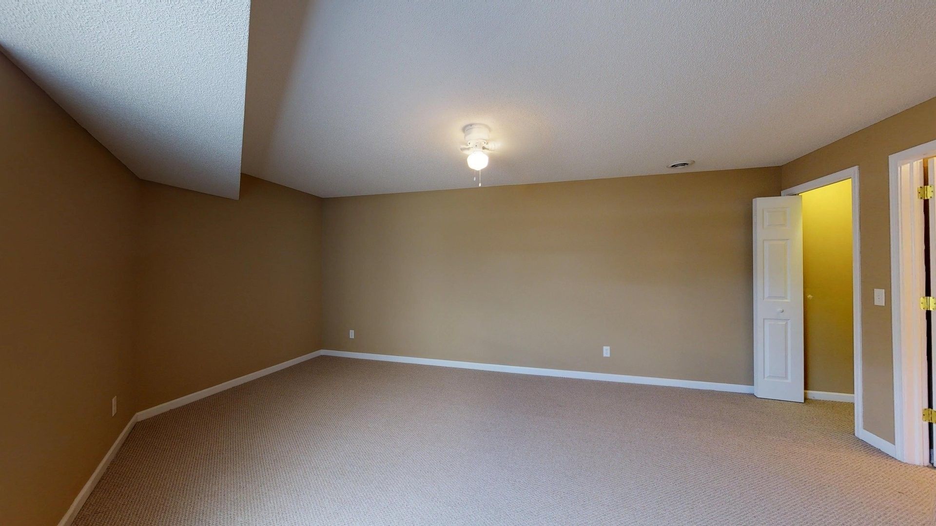 An empty room with a carpeted floor and brown walls.
