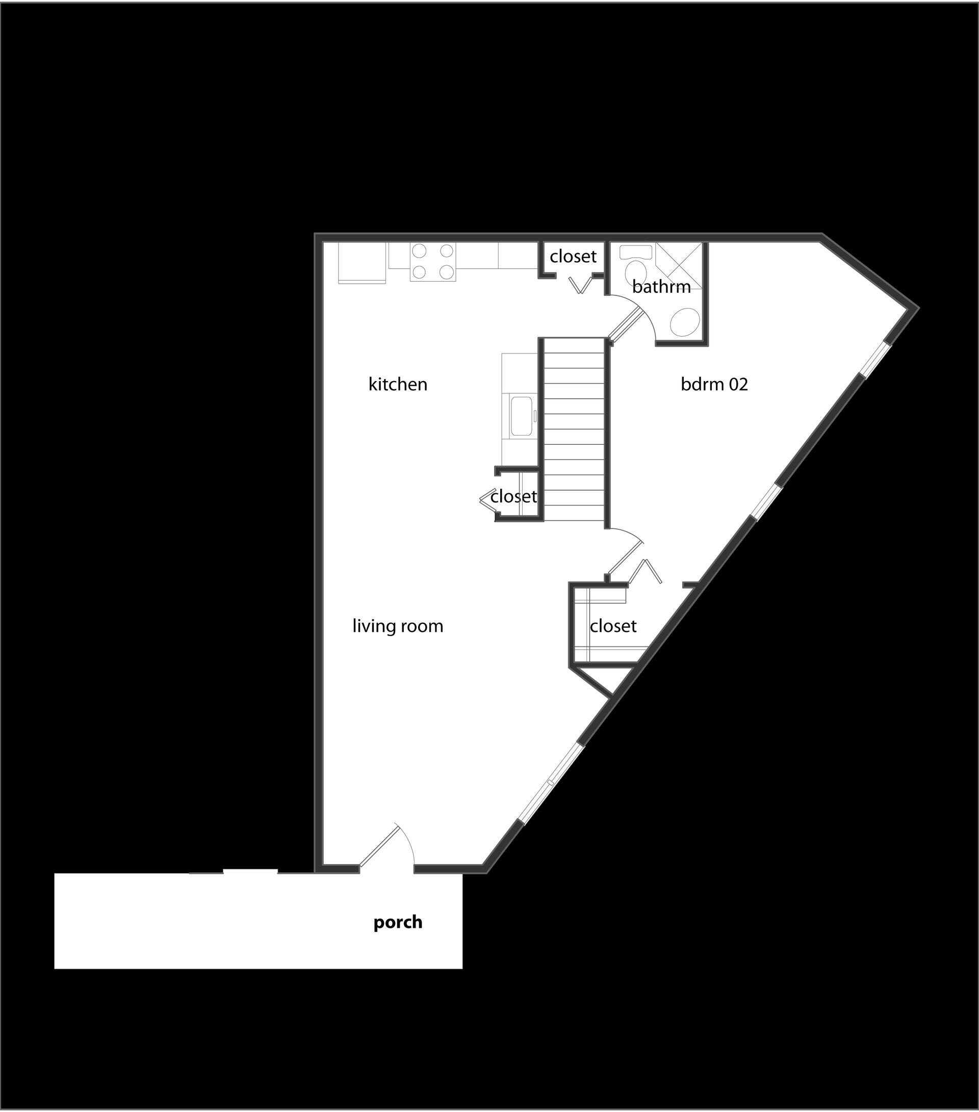 A black and white floor plan of a house on a black background.