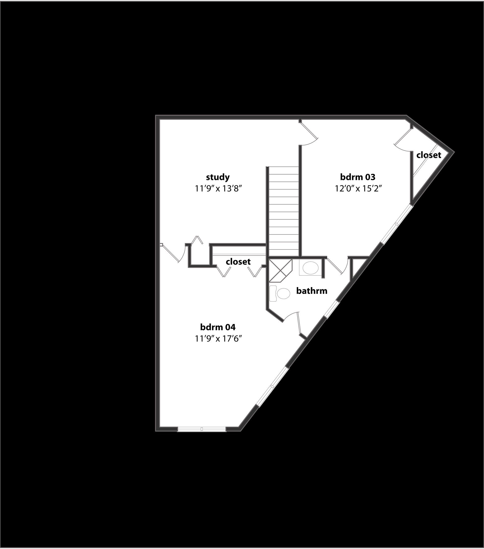 A black and white floor plan of a house on a black background.