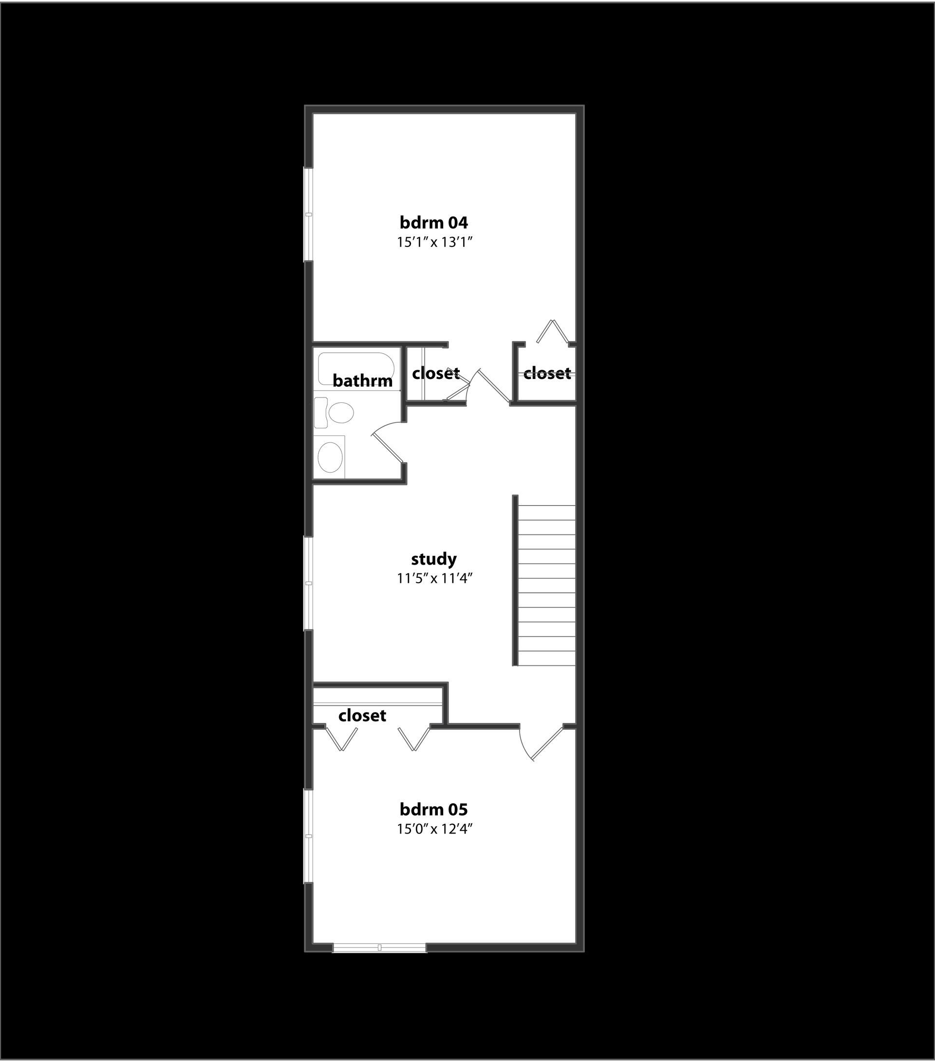 A black and white floor plan of a house on a black background.