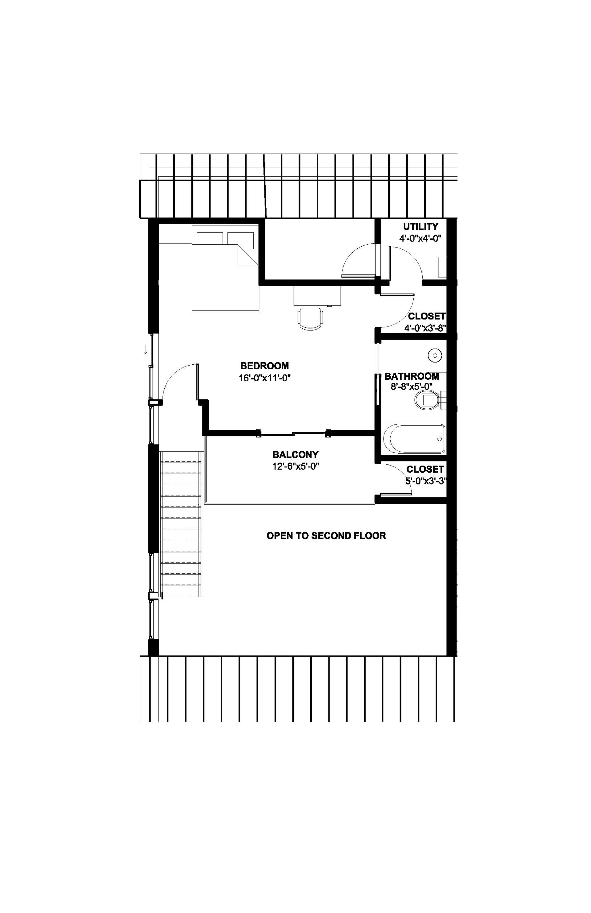 A black and white floor plan of a house with a balcony.