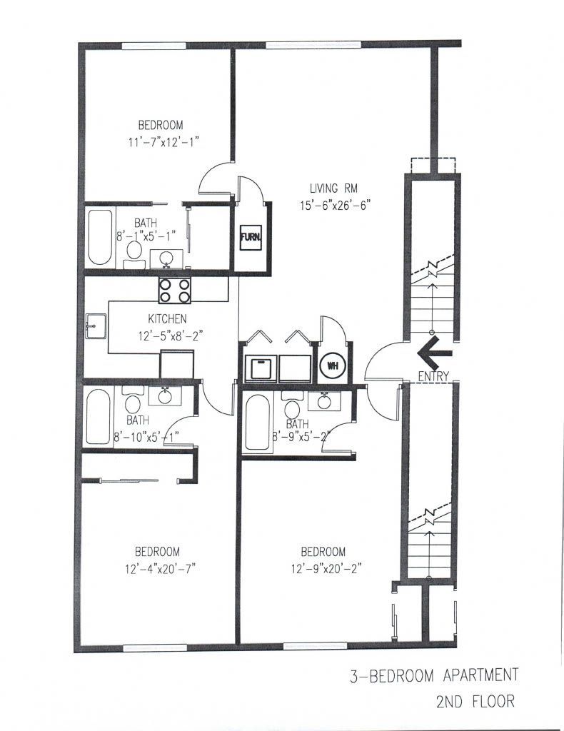 3-bed 3-bath floor plan for Amhest apartment.