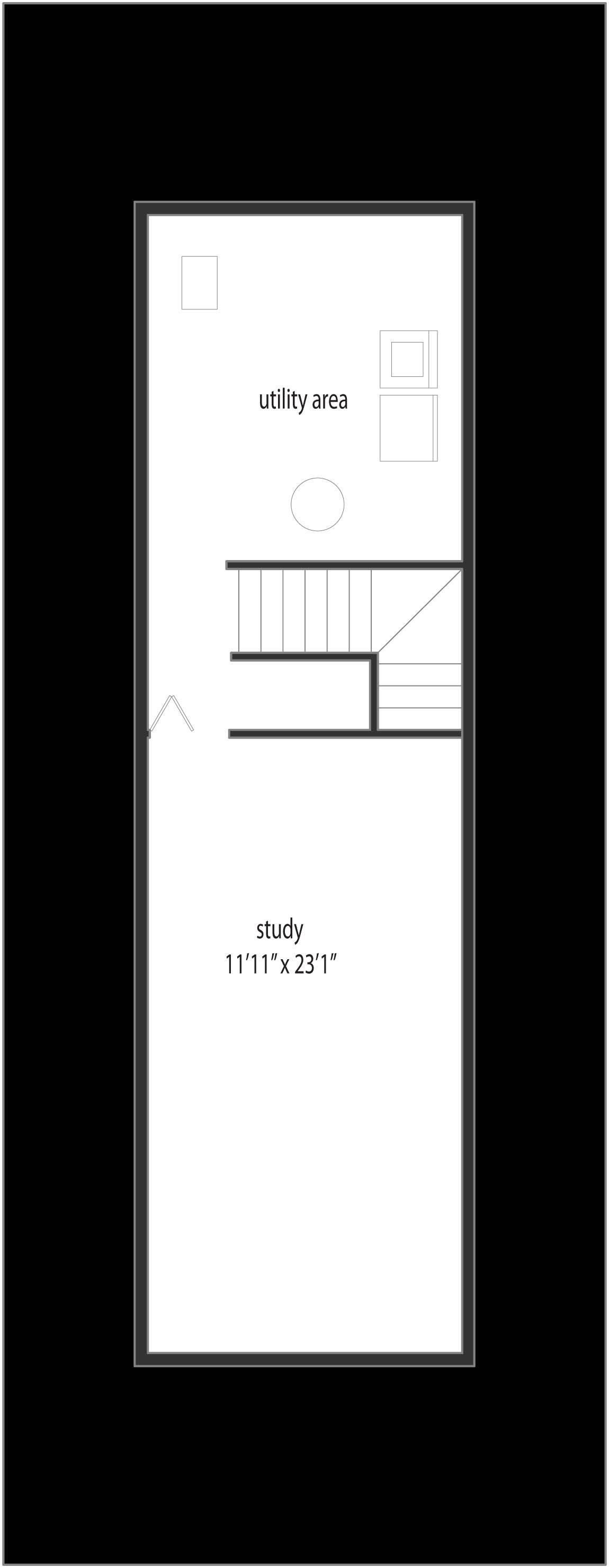 A black and white floor plan of a house with stairs.