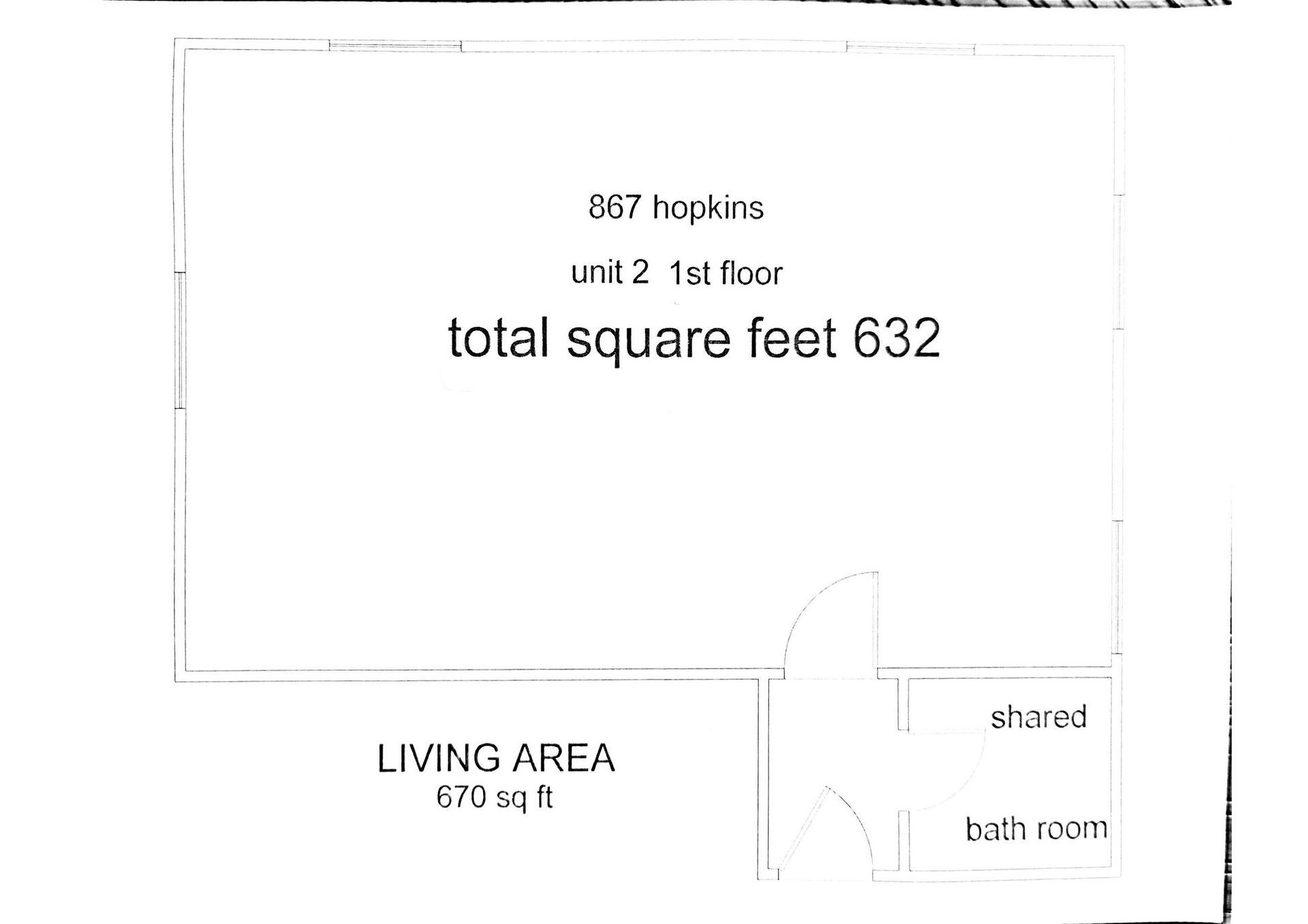 A black and white floor plan of a house with a total square feet 632.