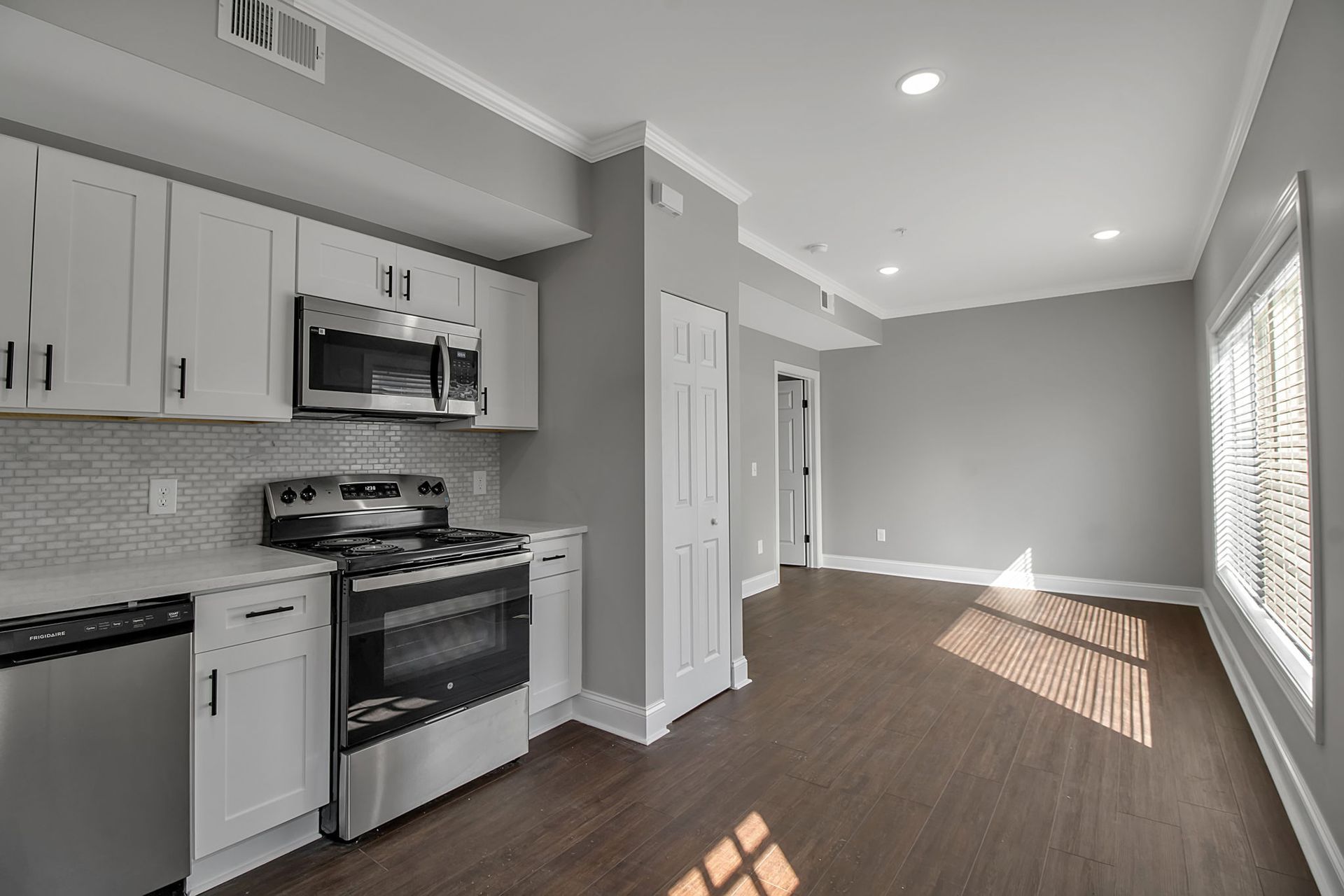 Spacious residential living room with modern structural layout