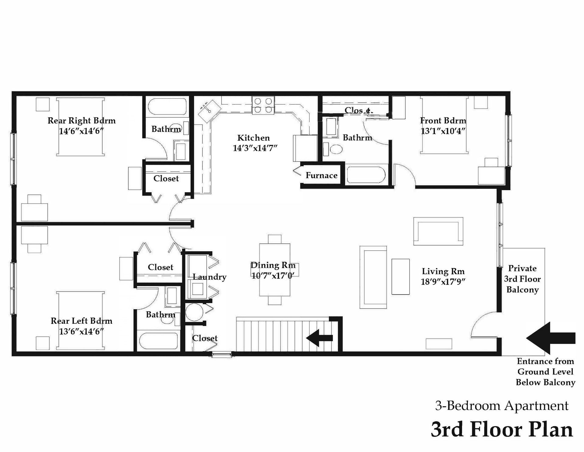 A black and white floor plan of a 3 bedroom apartment.