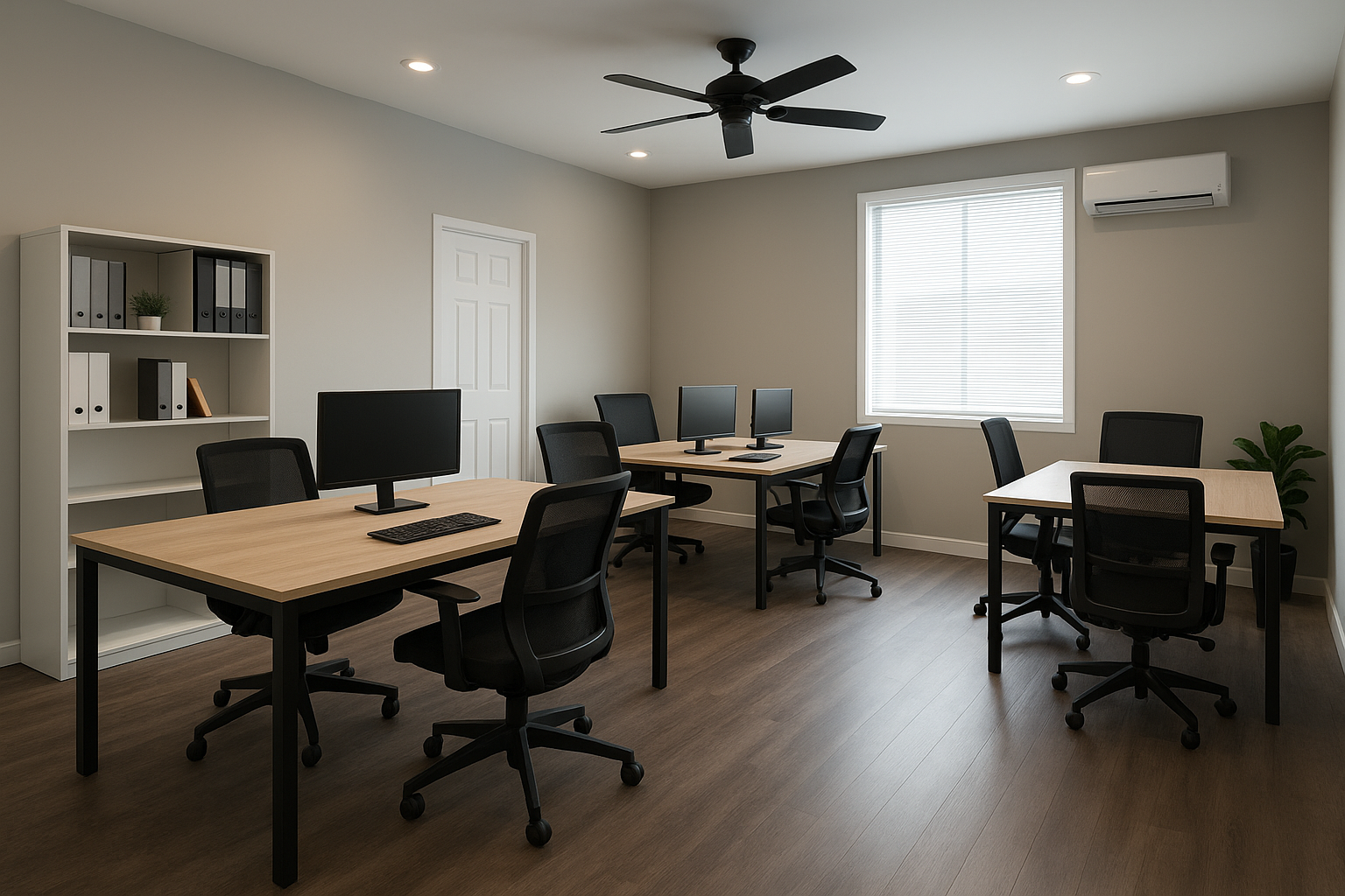 Workspace desk setup inside retail with clean surface and modern interior backdrop
