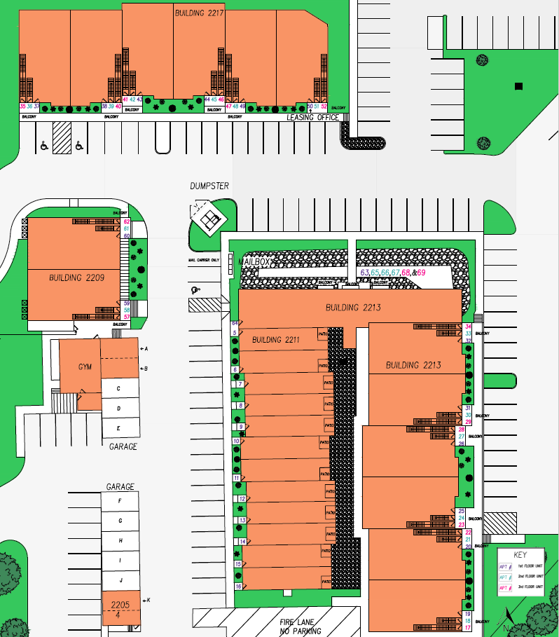 An aerial view of a building and parking lot