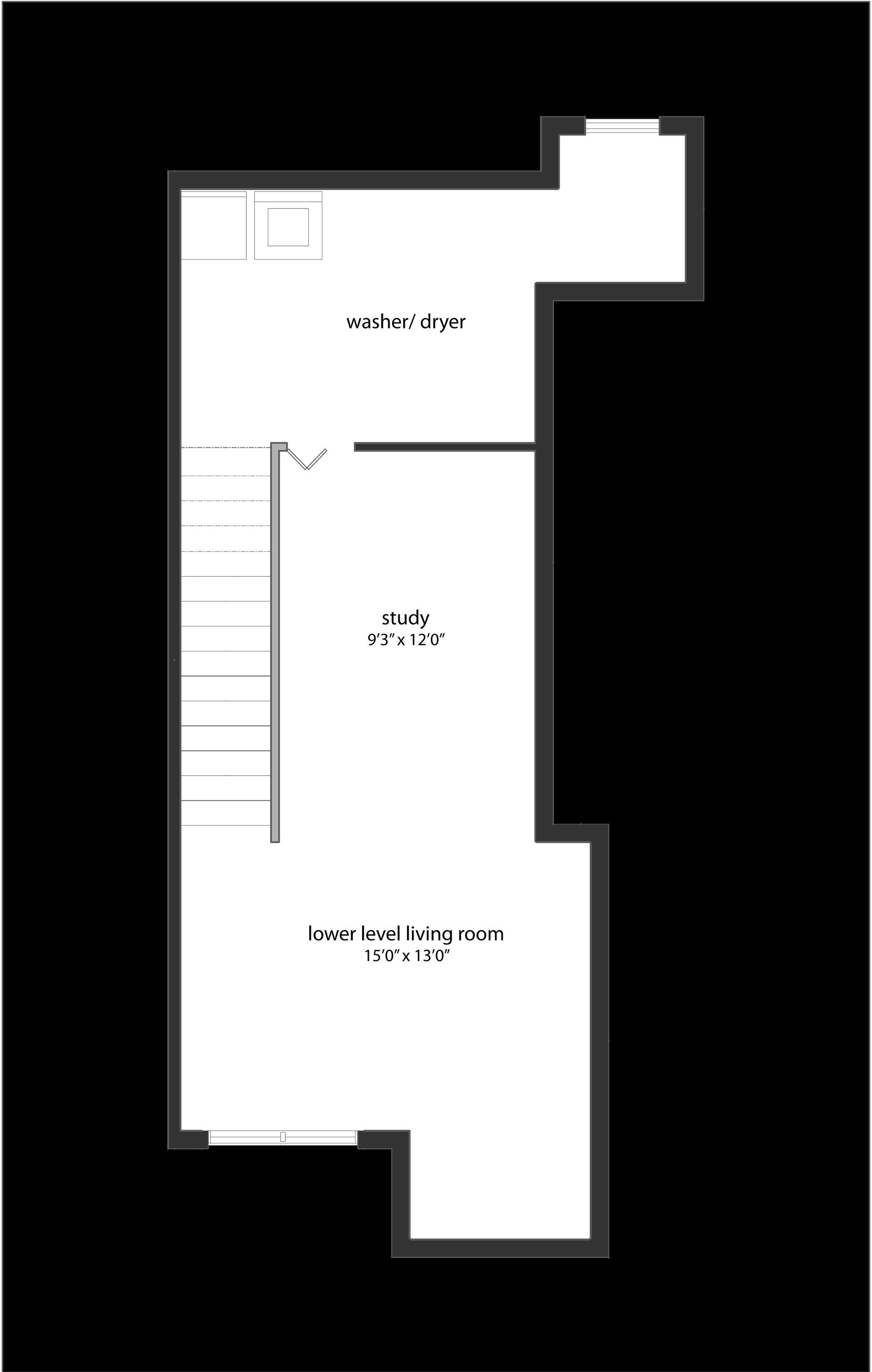 A black and white floor plan of a house on a black background.