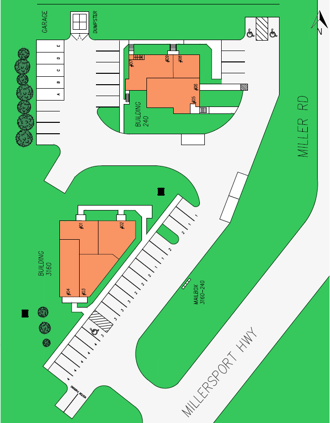A map of a parking lot with millersport written on it