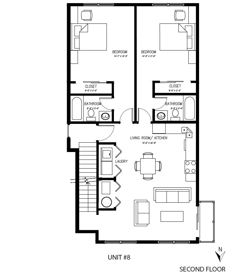 A black and white floor plan of a house with two bedrooms and a balcony.