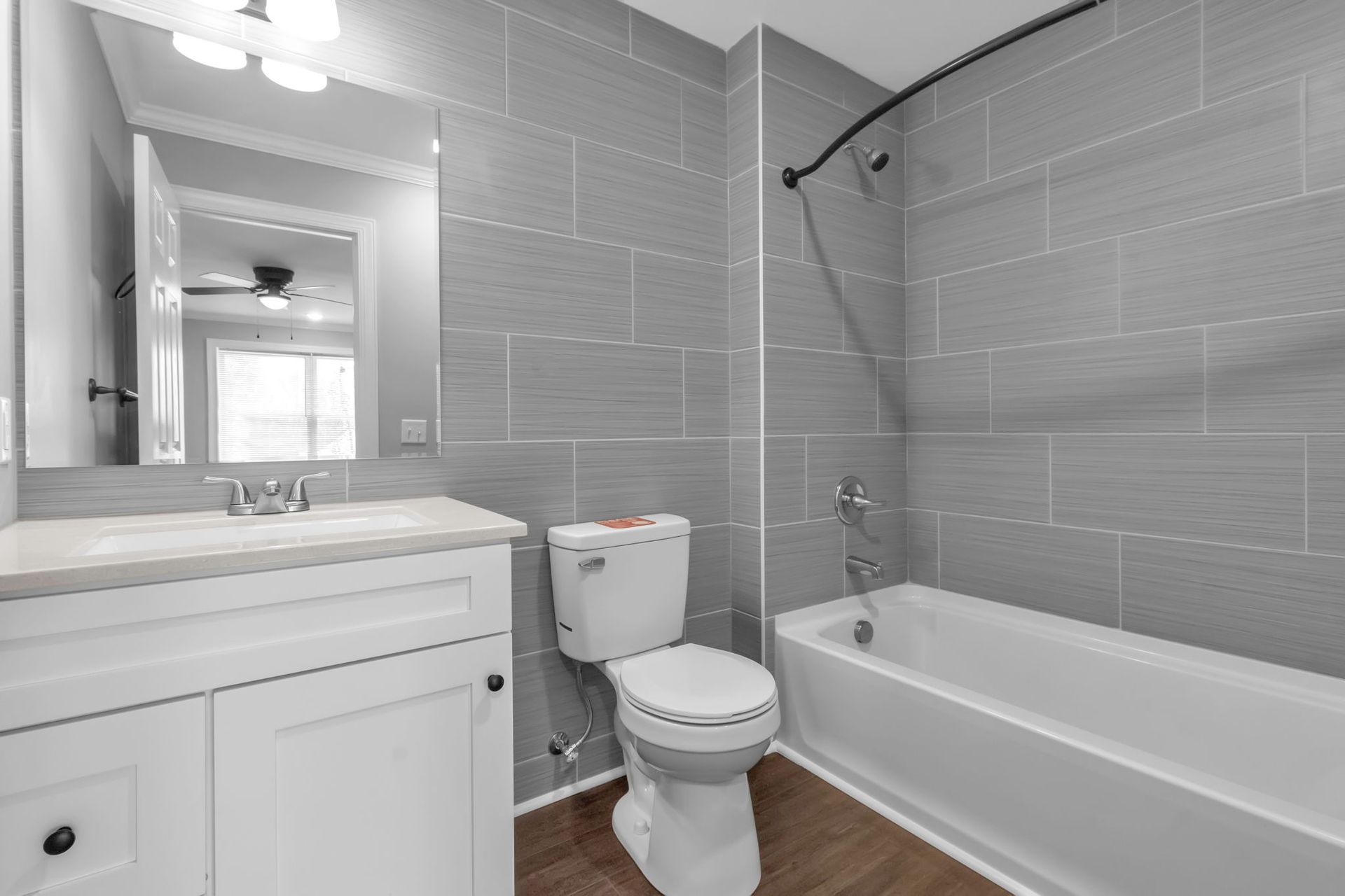 Washroom space with modern hardware and cabinet storage