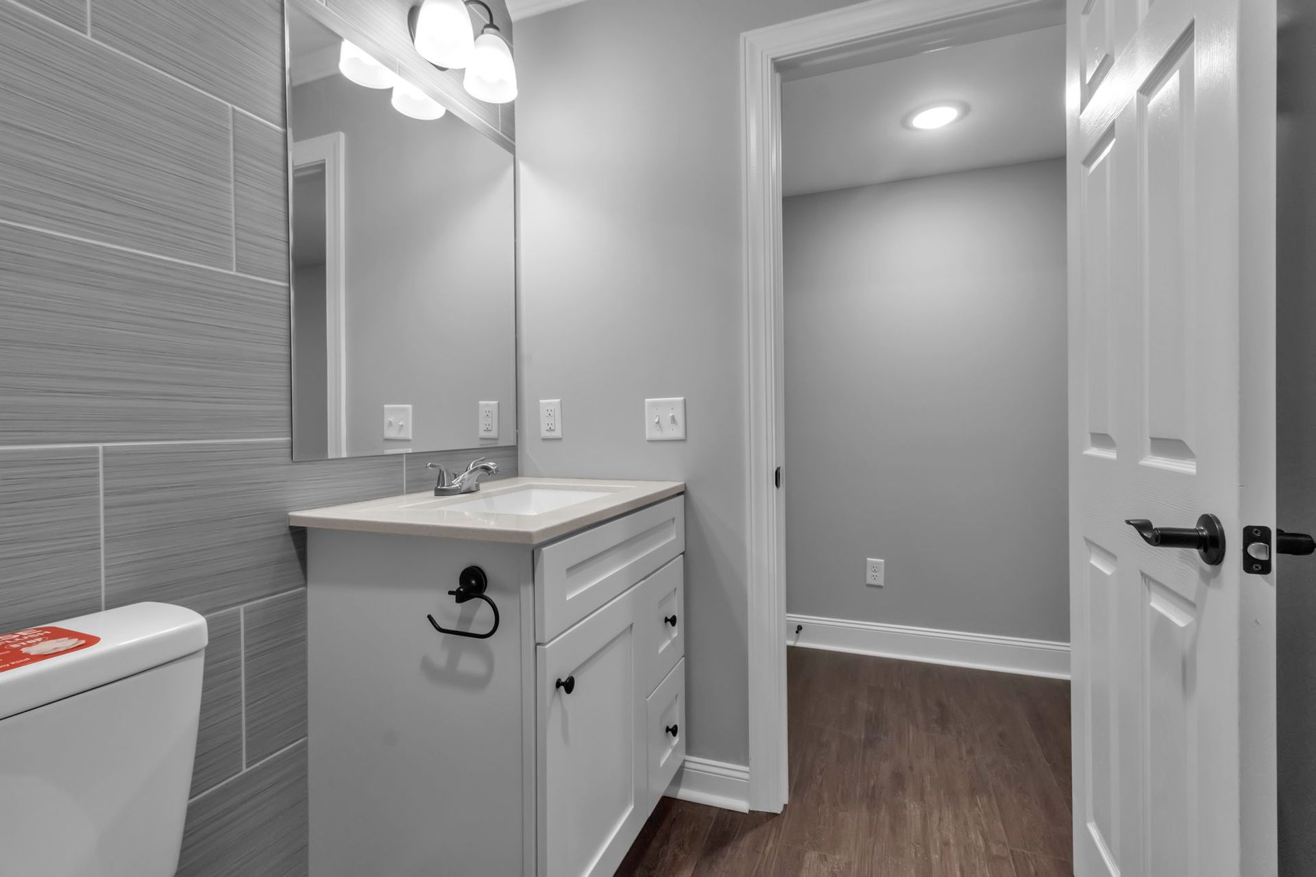 Bathroom space featuring contemporary vanity structure