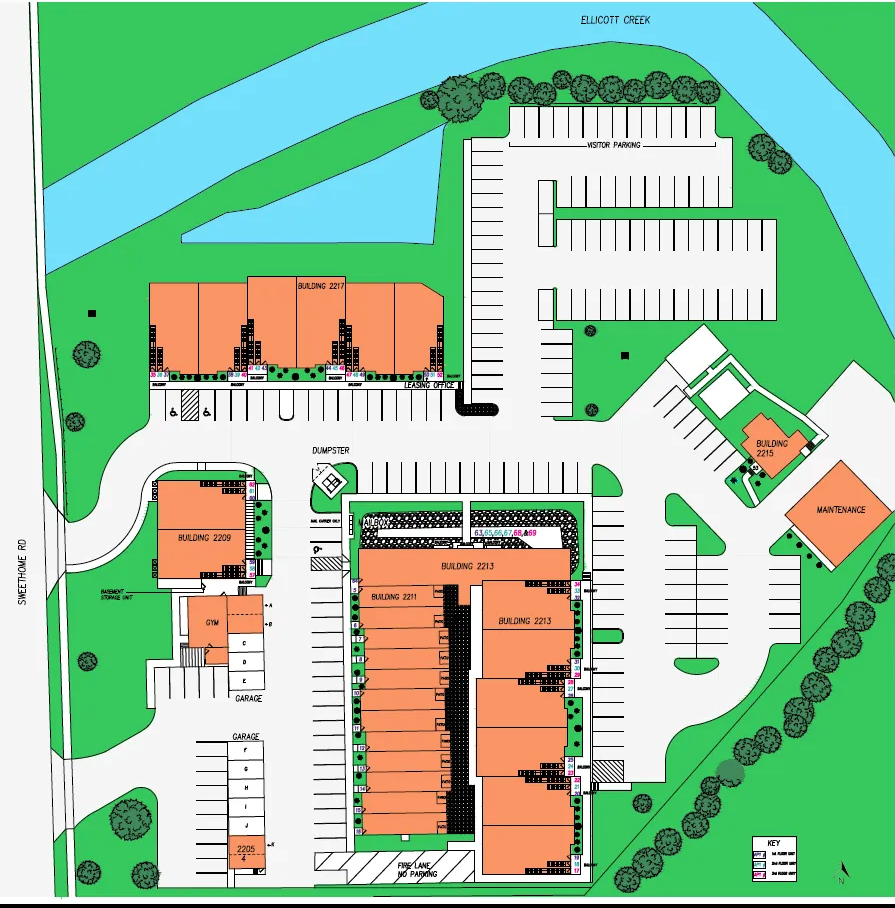 An aerial view of a building and parking lot