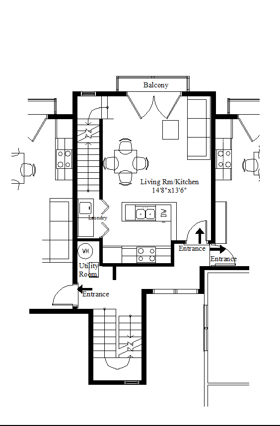 A black and white floor plan of a house with a balcony.