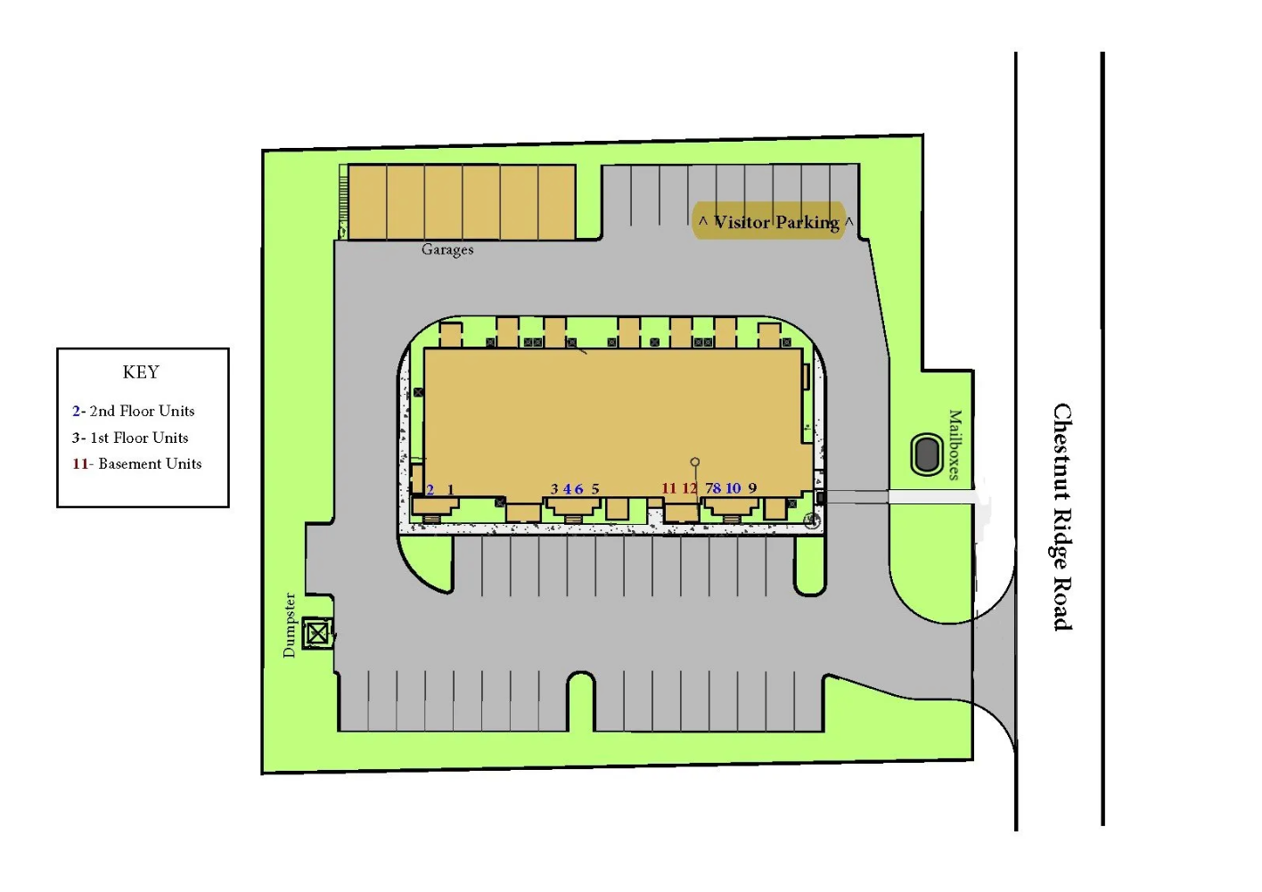 An aerial view of a building and parking lot