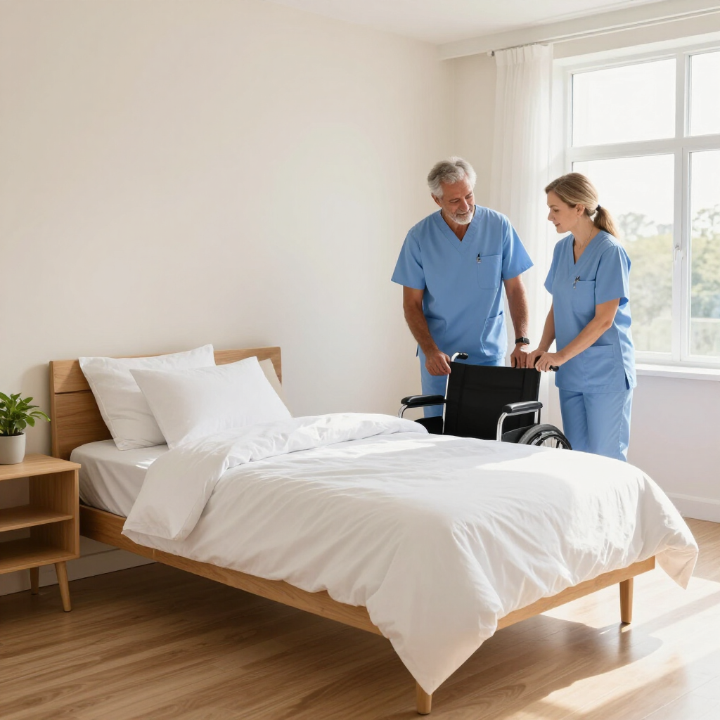 Dos cuidadores con uniformes azules están de pie junto a una silla de ruedas al lado de una cama de hospital cuidadosamente hecha.