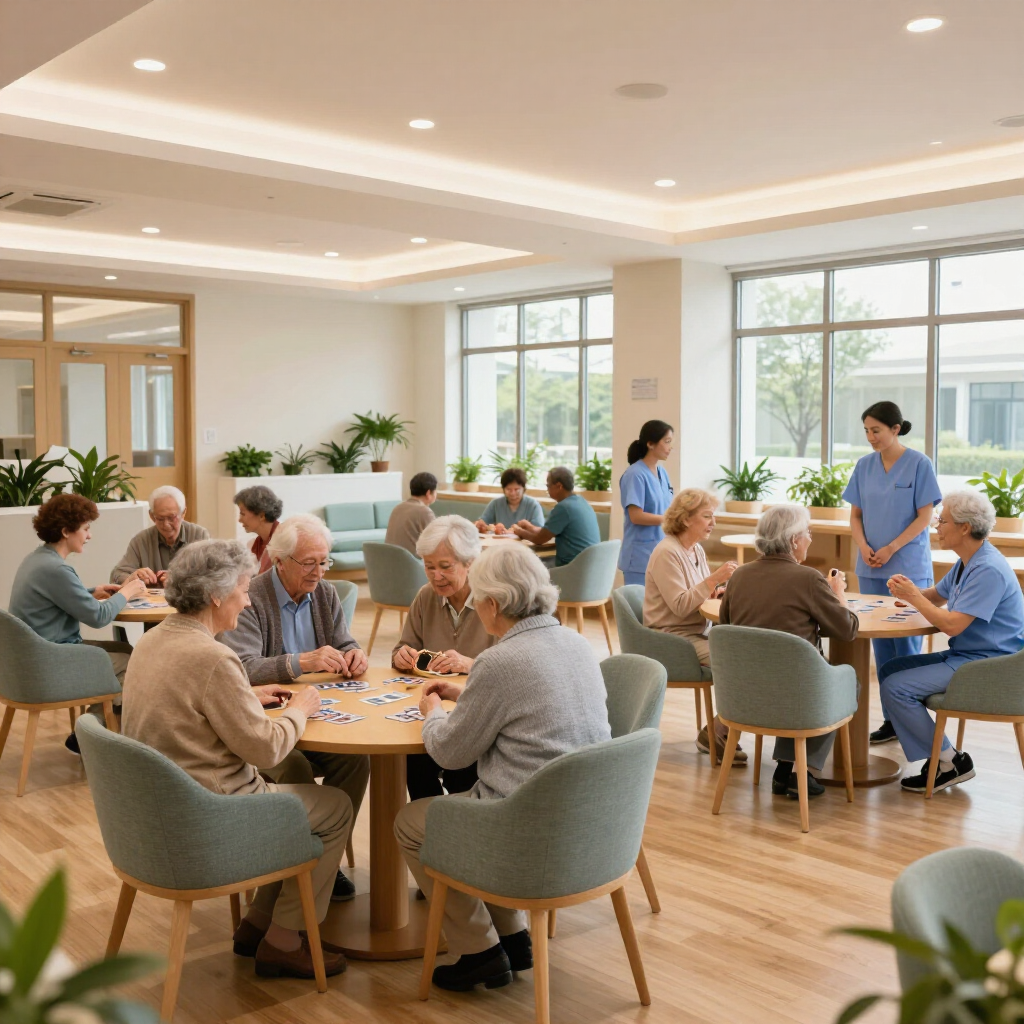 Los residentes charlan y juegan a las cartas en una luminosa sala común con grandes ventanales y plantas.