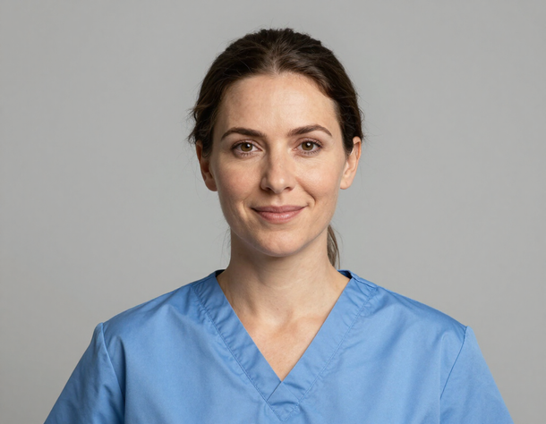 Retrato de una persona con uniforme médico azul, mirando al frente con una leve sonrisa sobre un fondo gris.