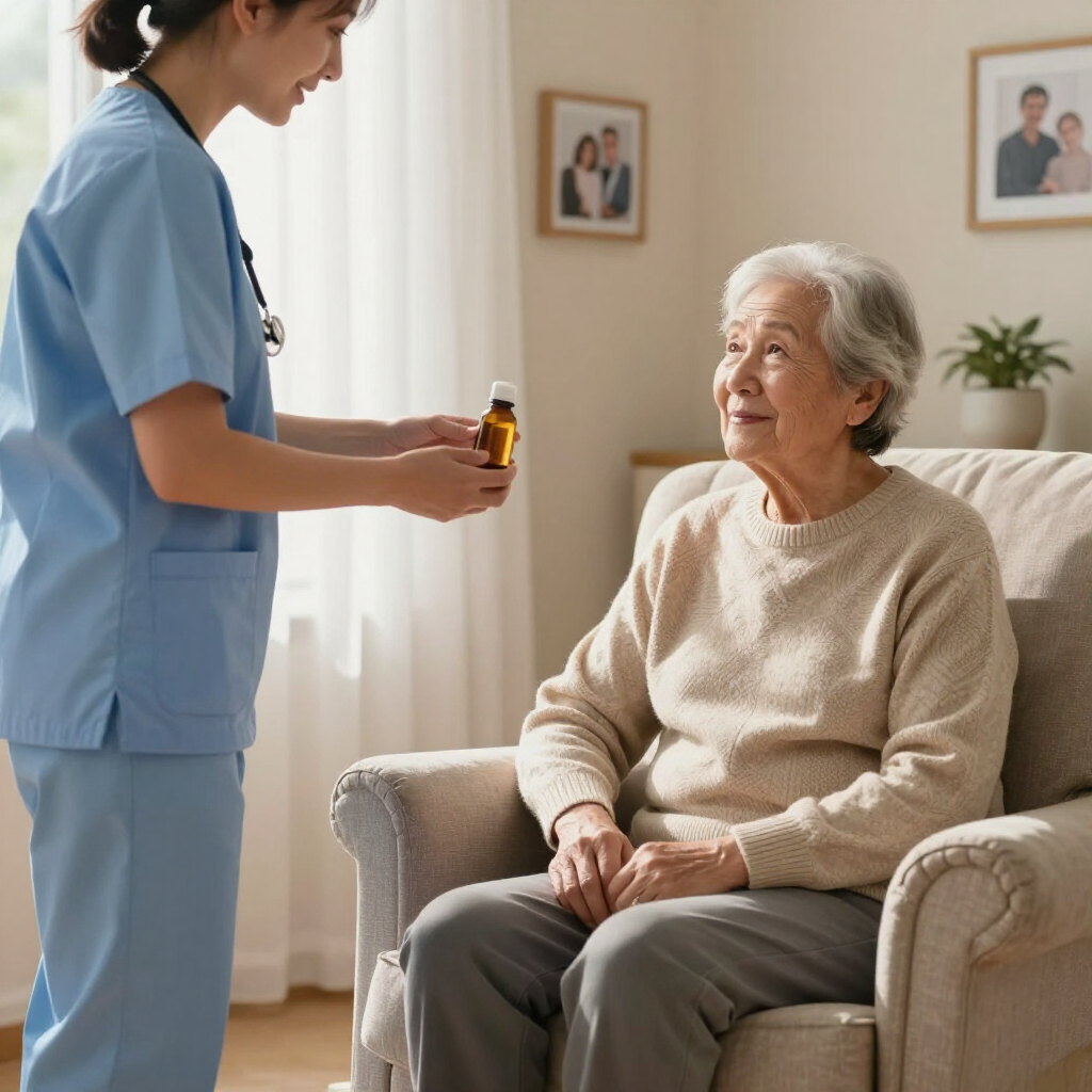 Enfermera administrando medicamento a un paciente anciano sentado en una luminosa sala de estar.
