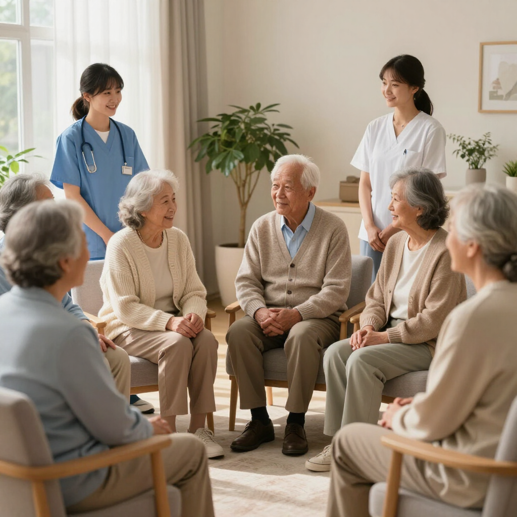 Cuidadores y residentes de edad avanzada sentados en círculo durante una charla grupal en una sala luminosa.
