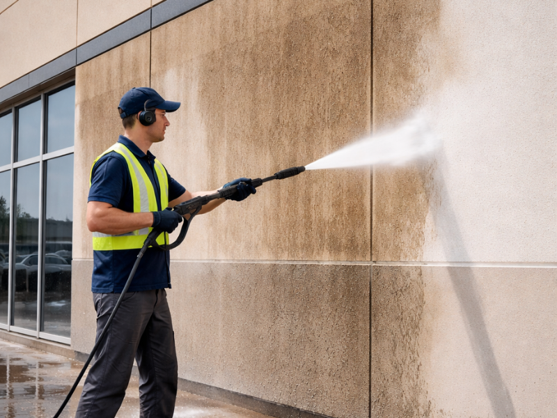 Person power washing an exterior commercial building wall with a pressure washer.