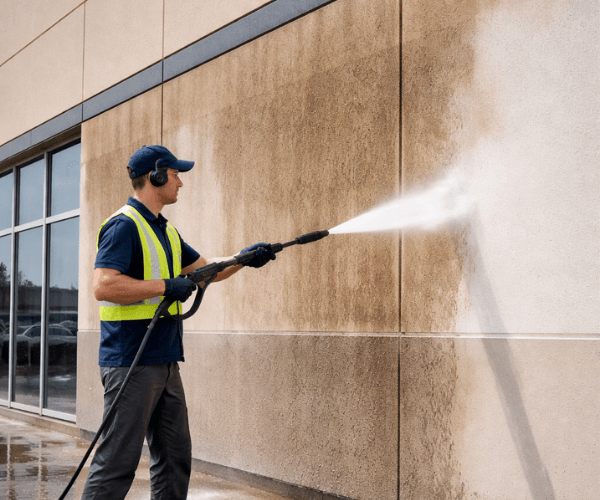 Person power washing an exterior commercial building wall with a pressure washer.