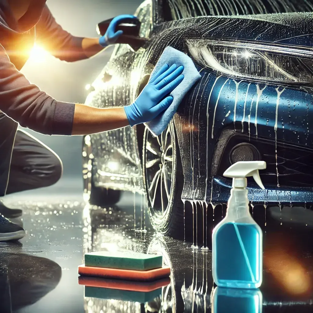 A man is cleaning a car with a towel and sponge.