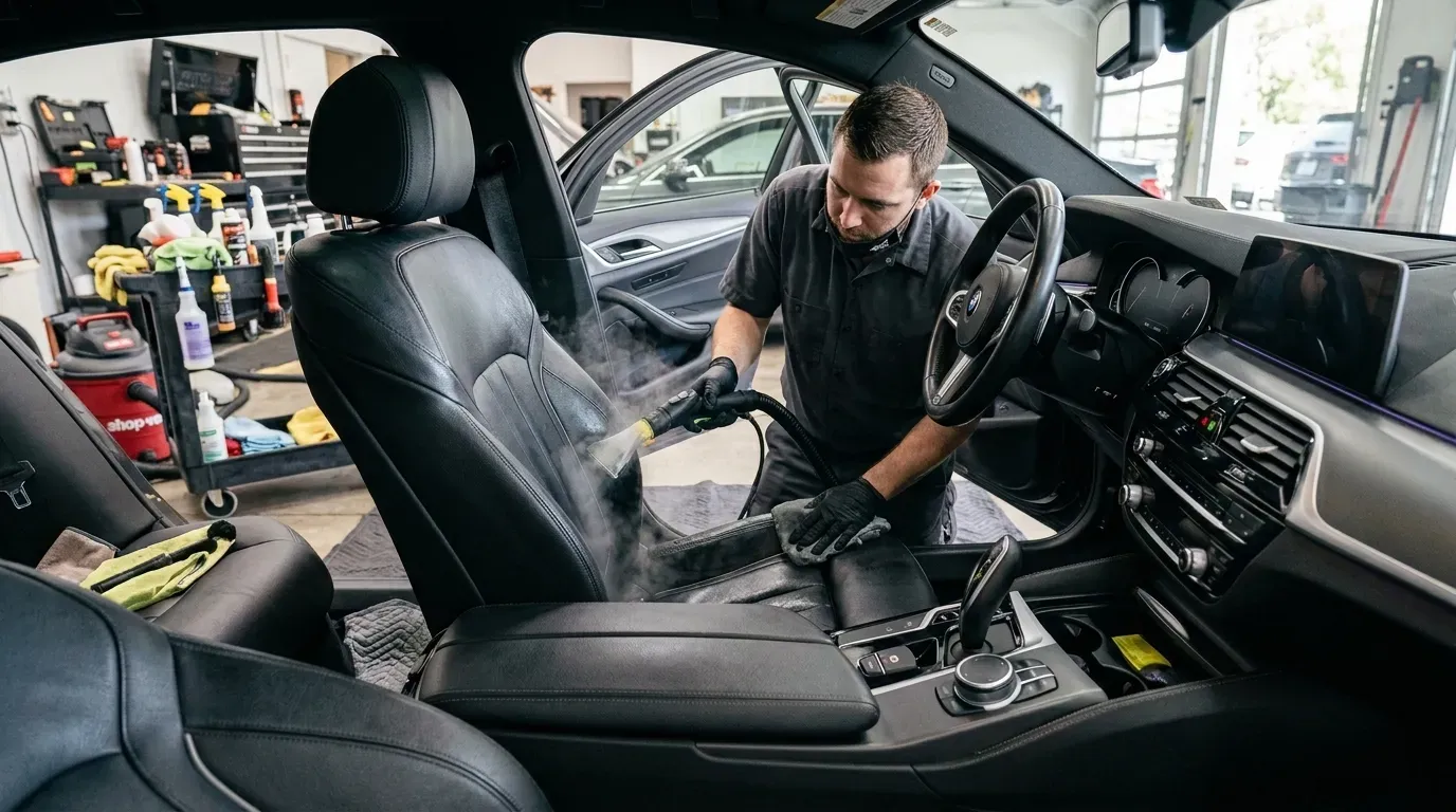 A technician wearing gloves uses a steam cleaner on a black leather car seat inside a professional auto detail shop.