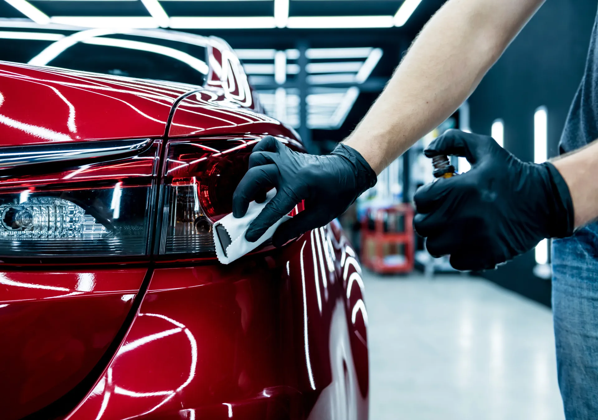 a man wearing black gloves is polishing a red car .
