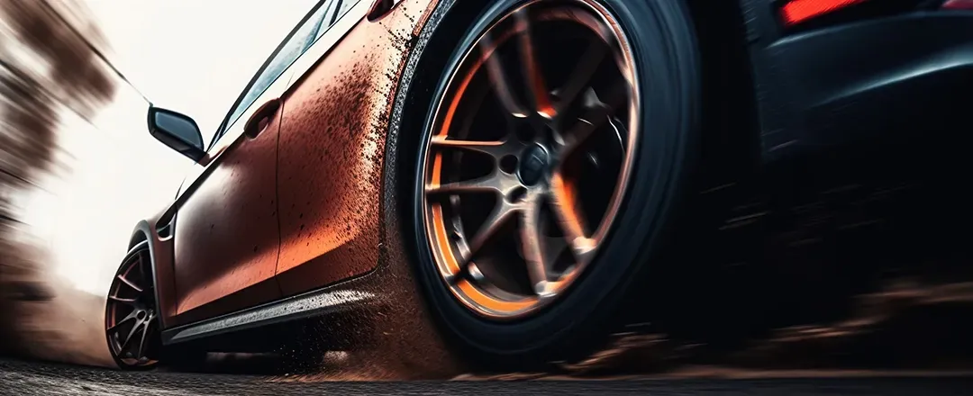 A close up of a car 's tire on a wet road.