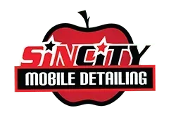 the logo for sin city mobile detailing is a red apple with a star on it .