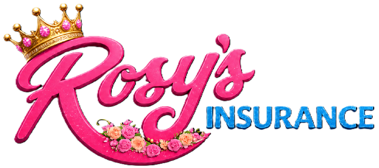 Rosy’s Insurance logo with pink script and blue text, topped with a jeweled crown