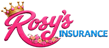 Rosy’s Insurance logo with pink script and blue text, topped with a jeweled crown