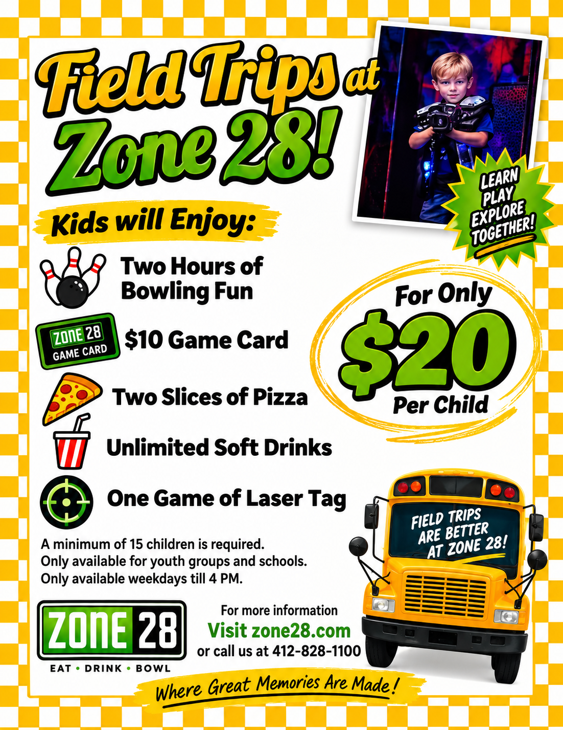 Zone 28 field trip flyer: $20 per child with bowling, laser tag, a $10 game card, pizza and soft drinks