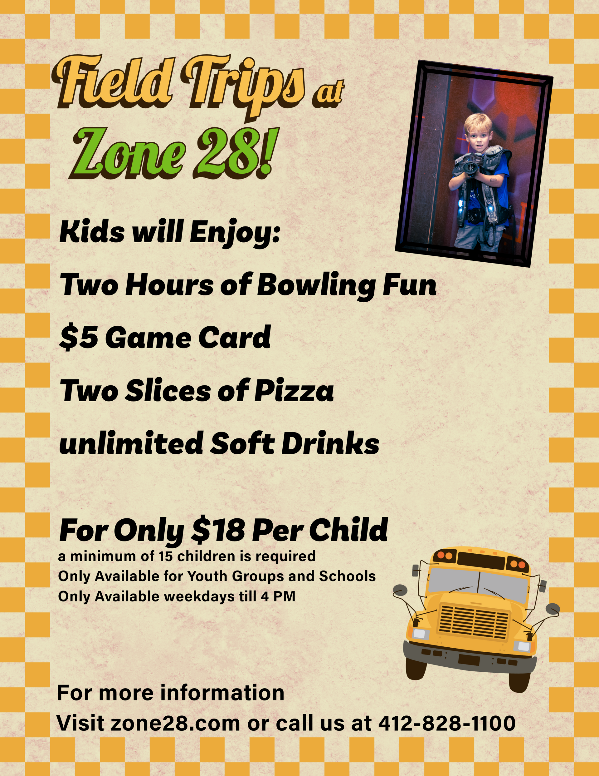 Zone 28 field trip flyer with bowling and arcade packages for schools